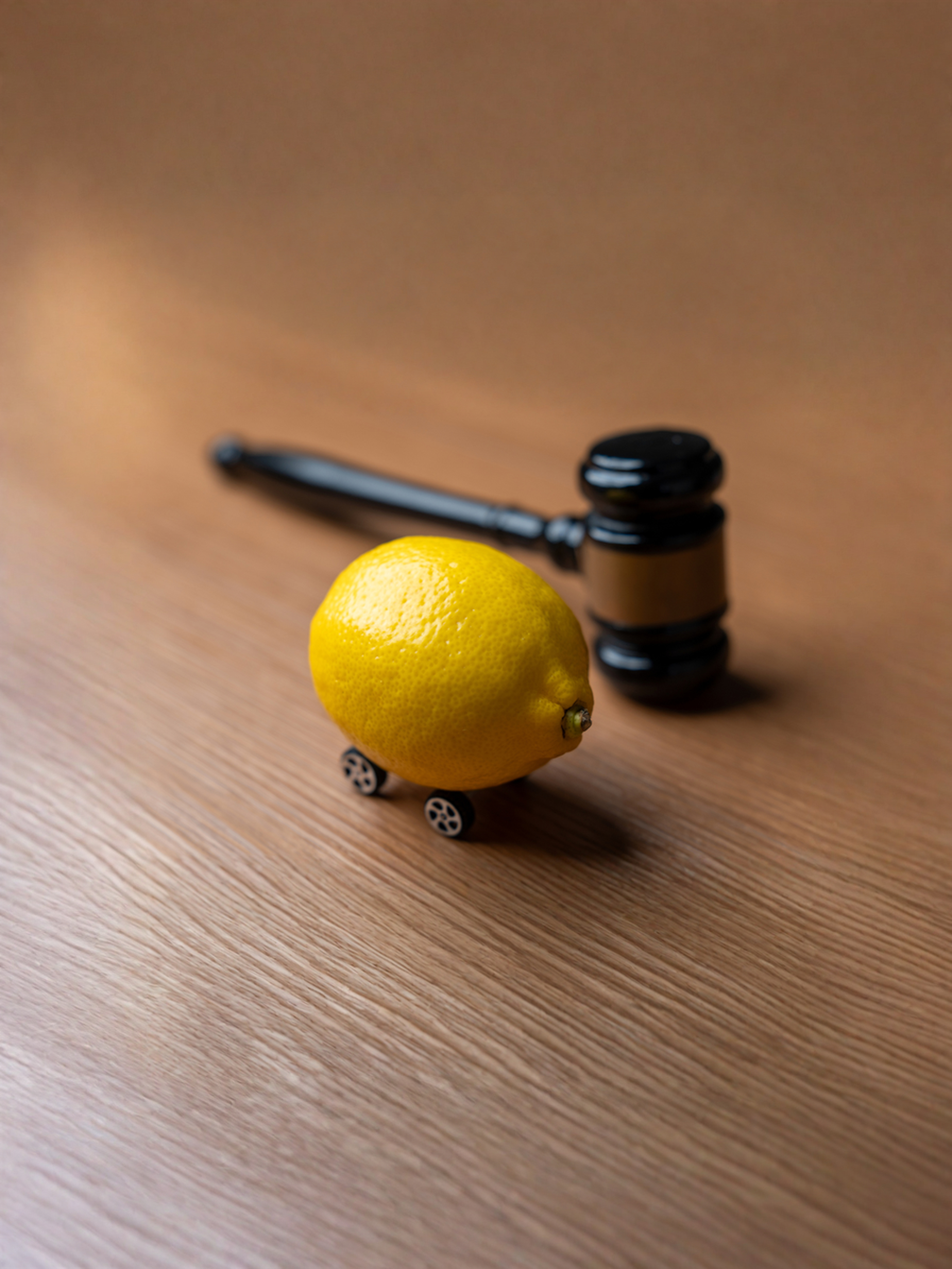 Lemon on toy wheels beside a gavel — illustrating Lemon Law representation
